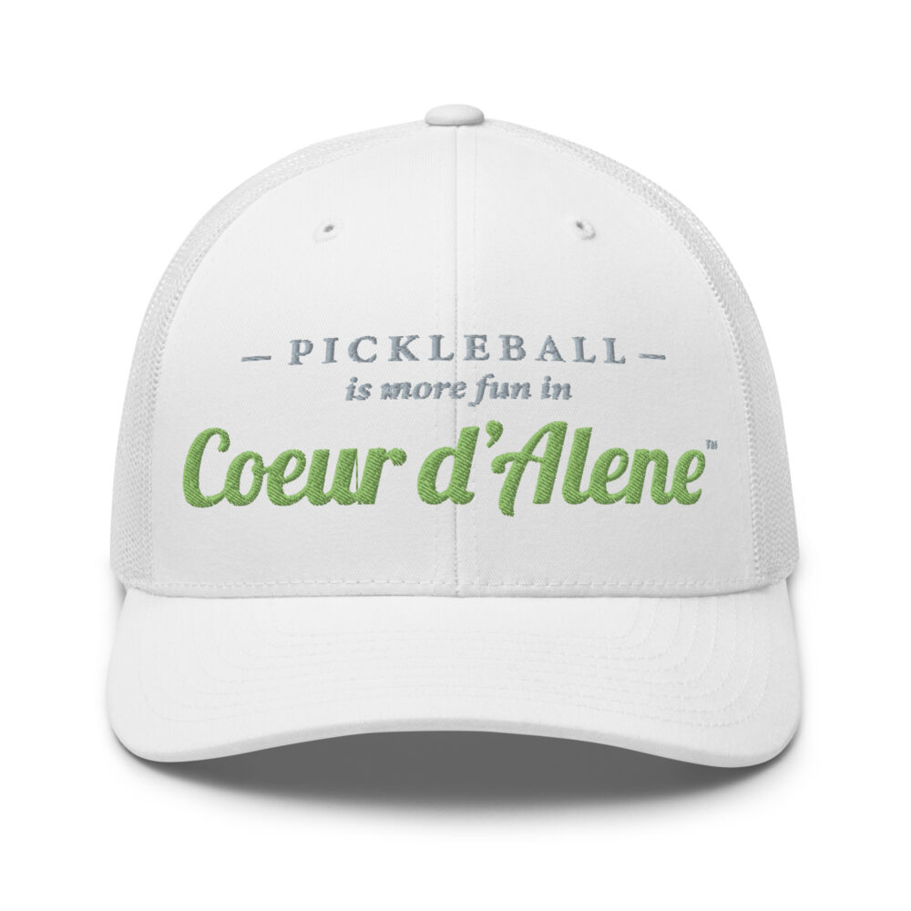Pickleball is More Fun in Coeur d’Alene (gray and kiwi green letters) – White Snap Back Mesh Pickleball Hat/Cap