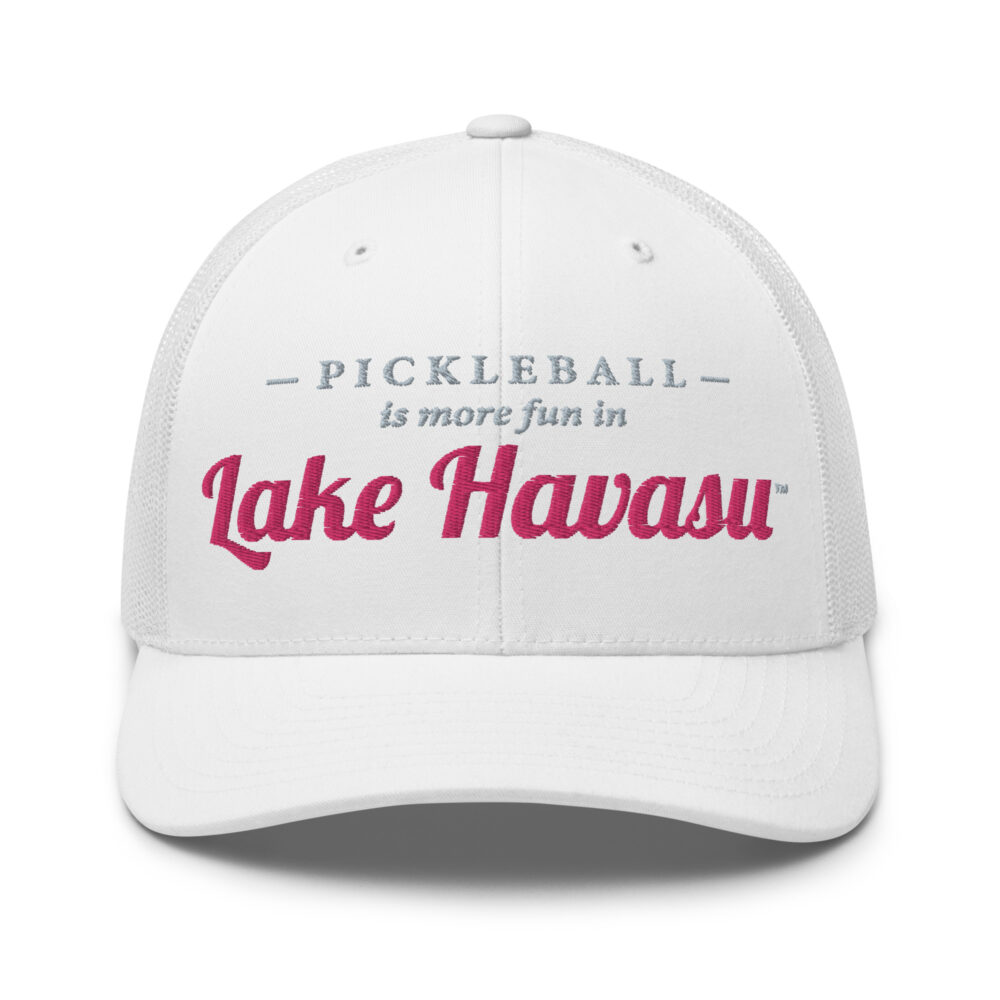 Pickleball is More Fun in Lake Havasu (gray and flamingo letters) – White Snap Back Mesh Pickleball Hat/Cap