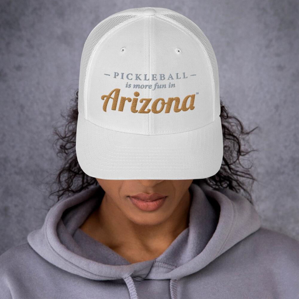 Pickleball is More Fun in Arizona (gray and old gold letters) – White Snap Back Mesh Pickleball Hat/Cap - Image 3