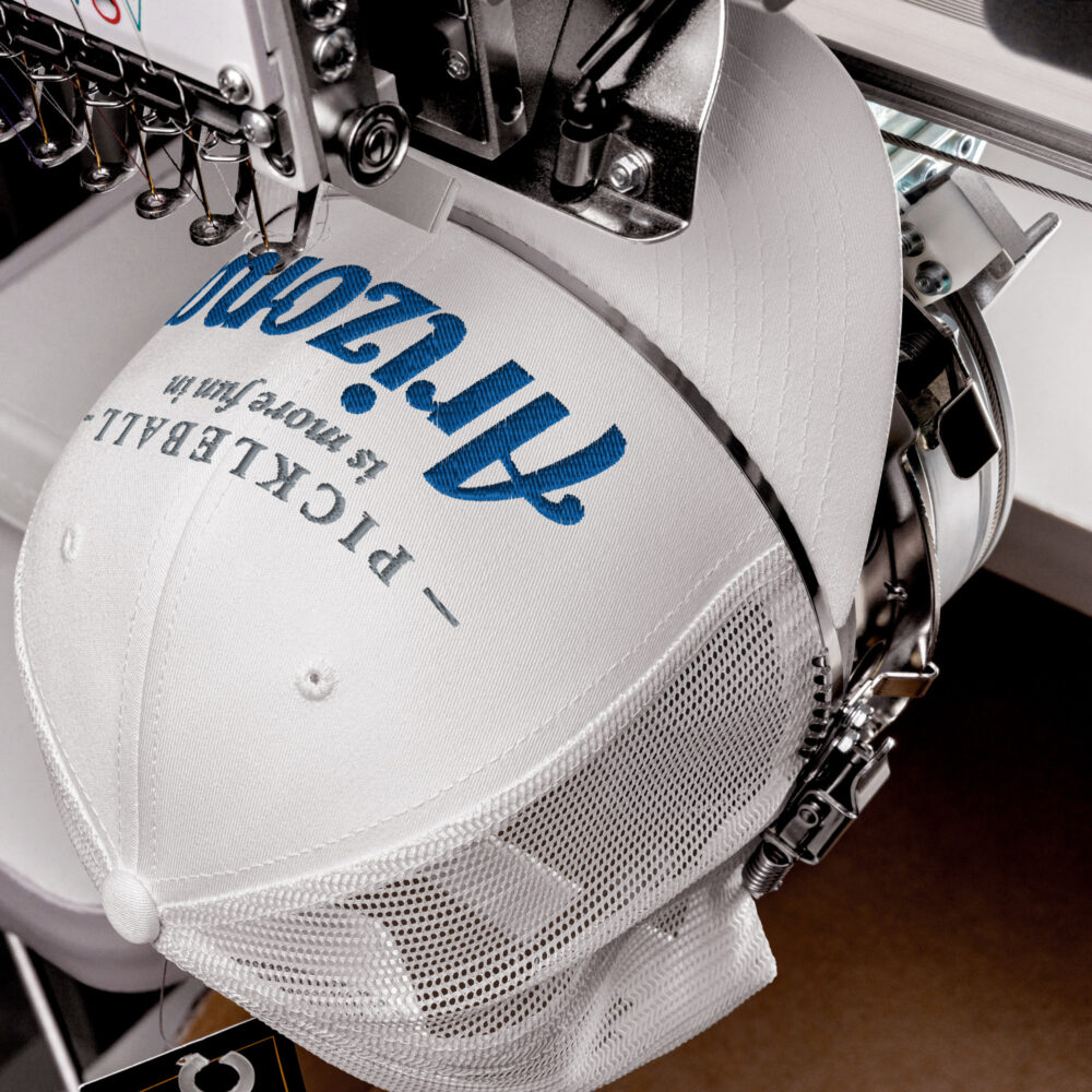 Pickleball is More Fun in Arizona (gray and royal blue letters) – White Snap Back Mesh Pickleball Hat/Cap - Image 3