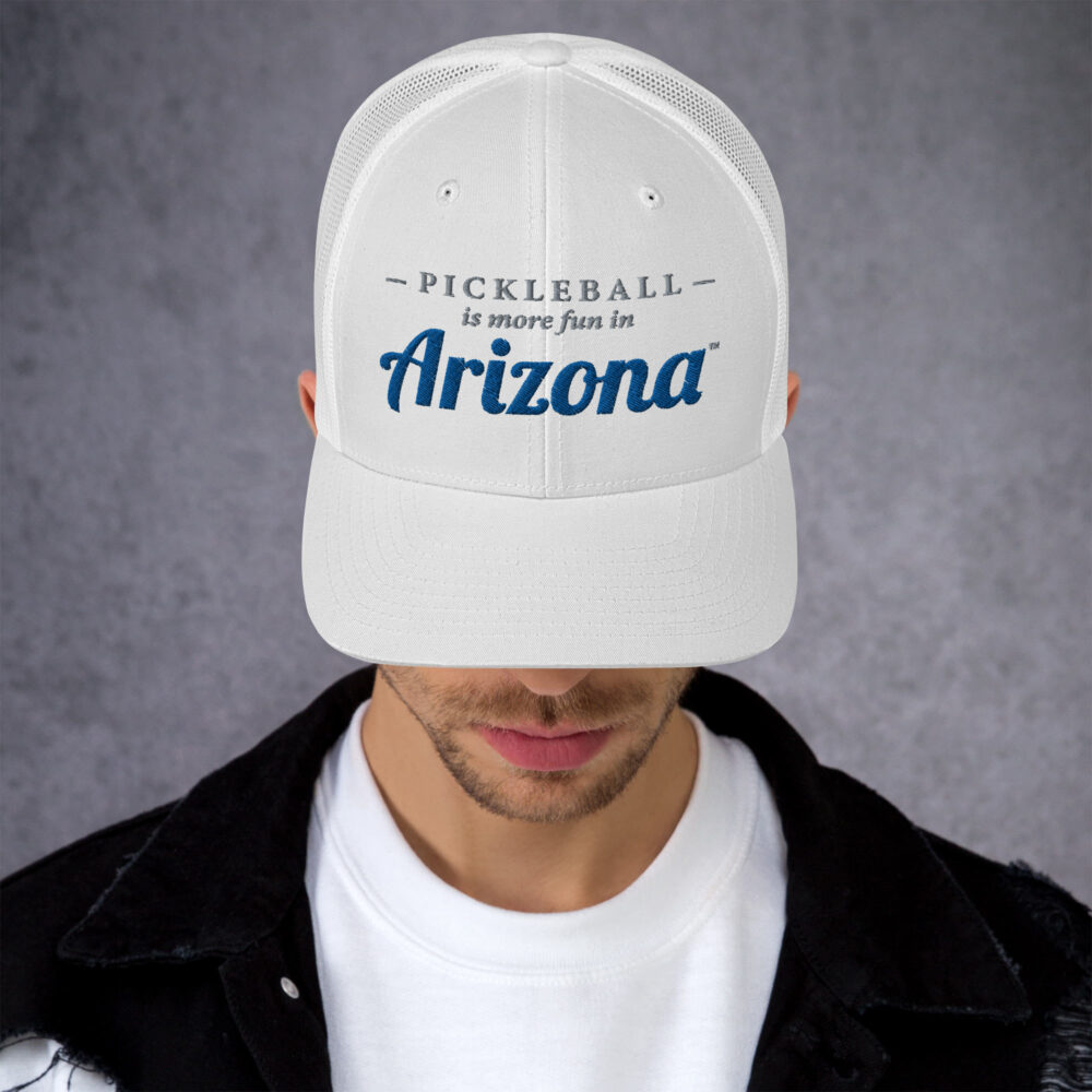 Pickleball is More Fun in Arizona (gray and royal blue letters) – White Snap Back Mesh Pickleball Hat/Cap - Image 2